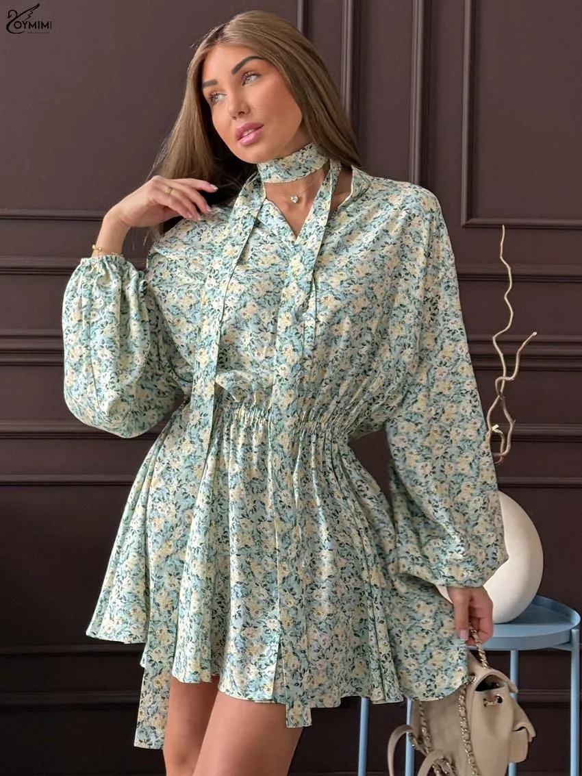 

Oymimi Autumn Green Print Dresses 2025 Woman Fashion Lace-Up Wrist Sleeve Button Dresses Elegant High Waist Pleated Mini Dress