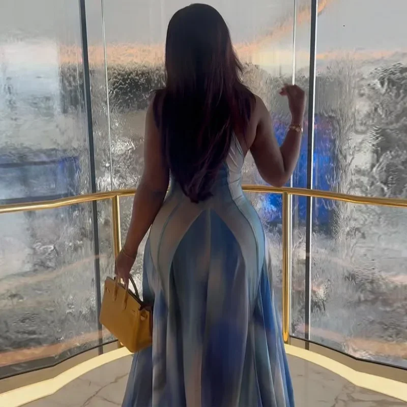 Women Gradient Print O-Neck Sleeveless Bodycon Long Dress 2025 Summer Holiday Birthday Evening Beach Sexy Party Dresses