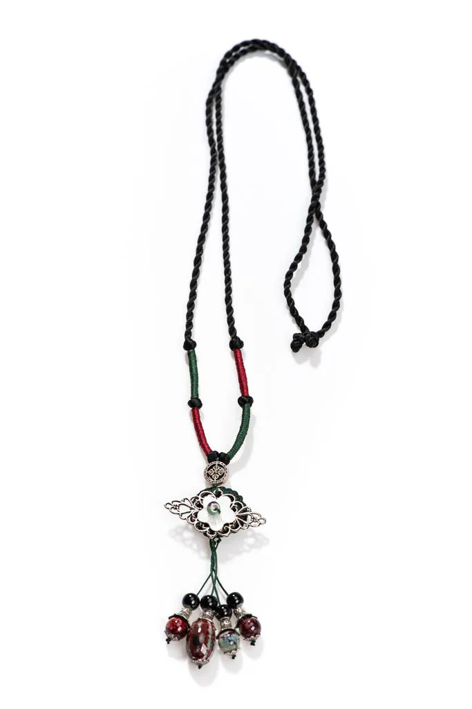 Boho Chic Ceramic Elegance Pendant Necklace  Handcrafted with Intricate Alloy Filigree and Knotted Waxed Cord X866