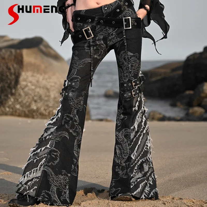 

New Chinese Style Women's Clothing Punk Hot Girls Black Jeans Dragon Pattern Fringed Denim Horn Slim Fit Pants Y2k Long Trousers