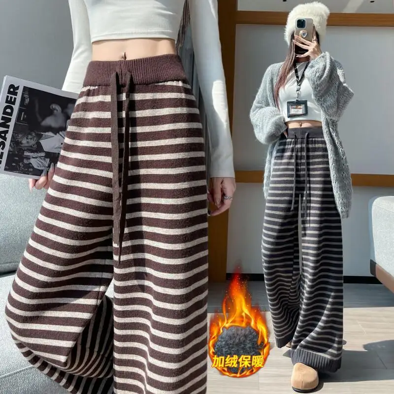 Frauen Herbst Und Winter Faul Streifen Fleece Breite Bein Hosen Frauen verdickt Elastische Taille Kordelzug Hohe Taille Schlank Gerade