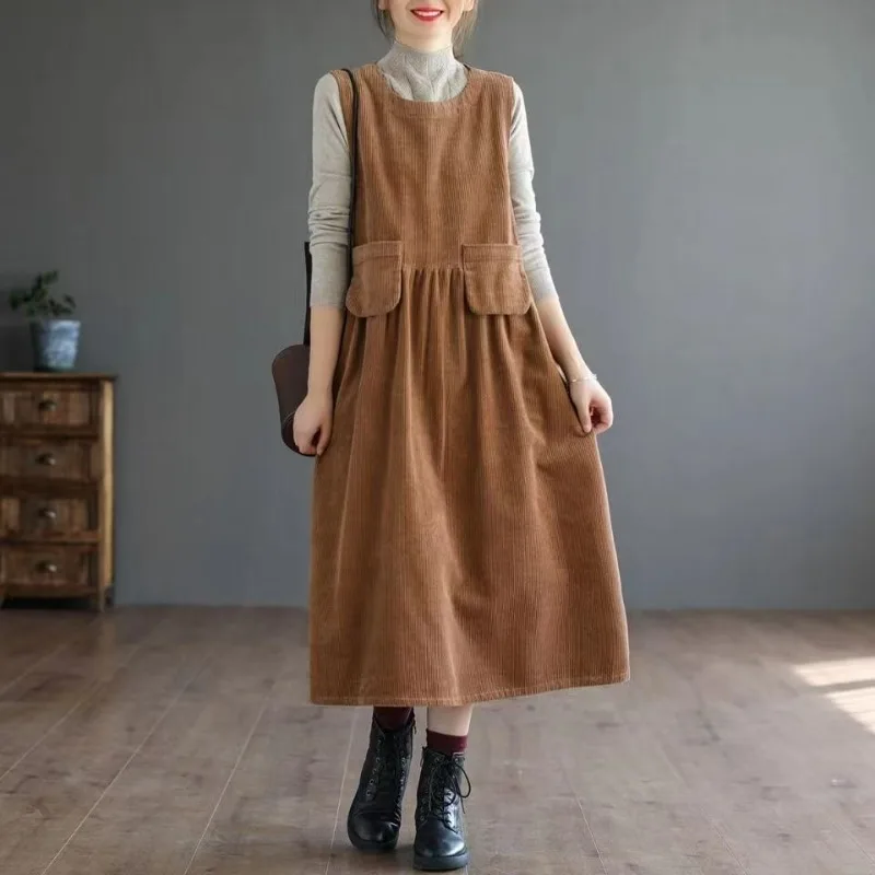 Ropa para mujer estilo japonés Vintage pana ropa de calle Y2K vestido Midi Otoño Invierno cuello redondo sólido sin mangas vestidos sueltos