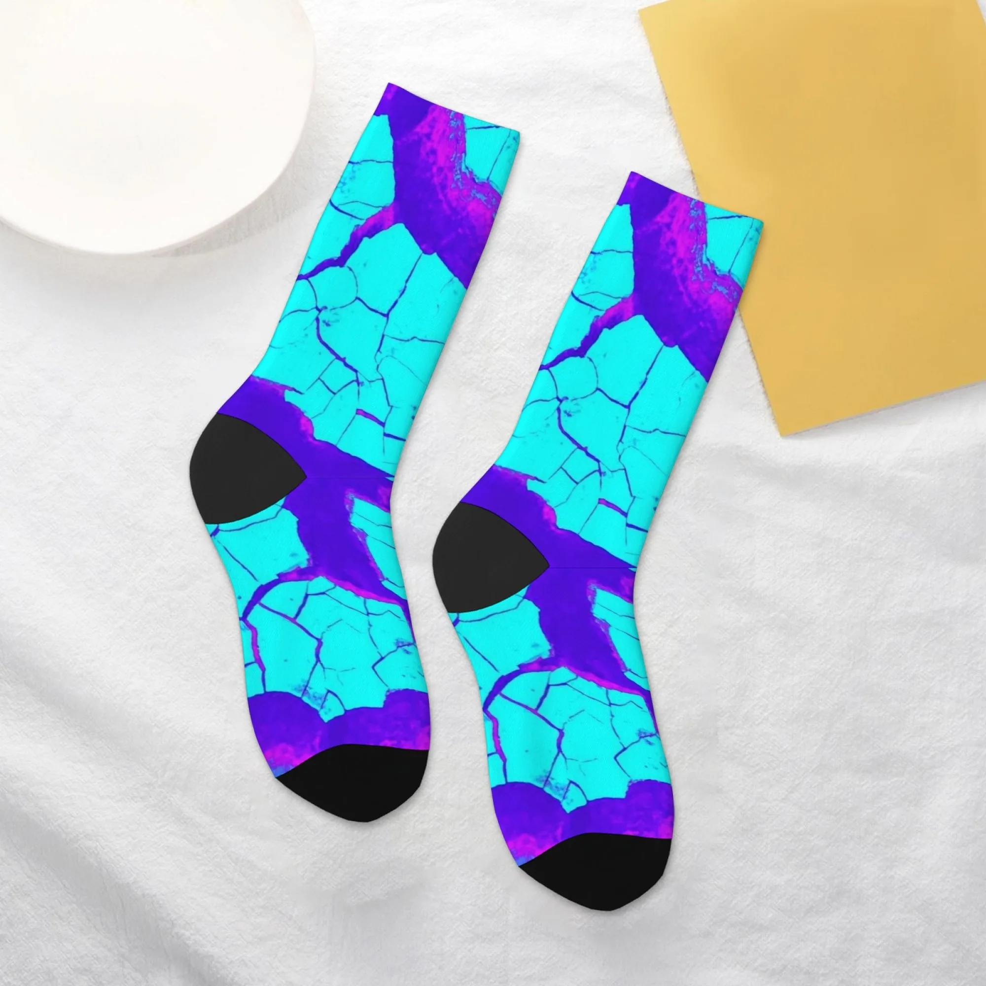 Vibrant Neon Art Geometry Crew Socks Eye-Catching Cracked Geometric Print Premium Socks for Art Gifts & Fashion Statements