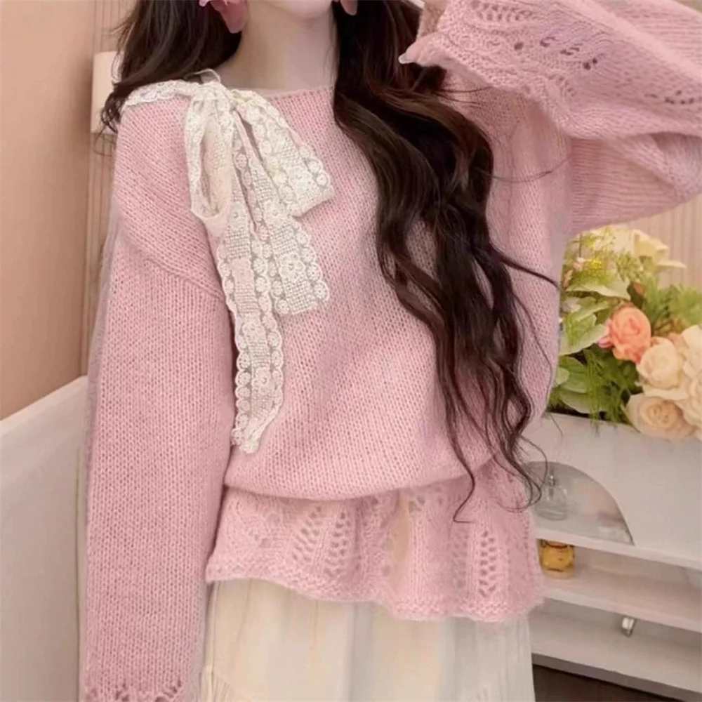 

Casual Hollow Out Long-sleeved Knitted Sweater Women's 2025 Spring Autumn New Loose Vintage Design Tops Sweet Lace Bow Pullovers