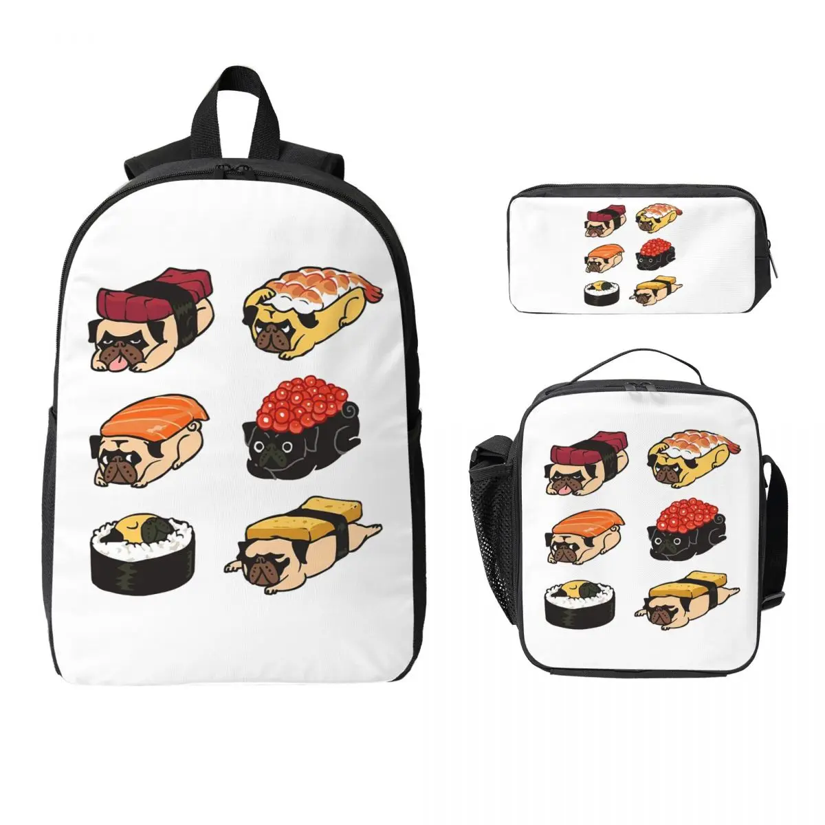 Mochila Sushi Pug para estudantes, meninos e meninas, bolsa escolar, bolsa de ombro para computador, 3 peças, bolsa térmica para almoço, estojo para lápis
