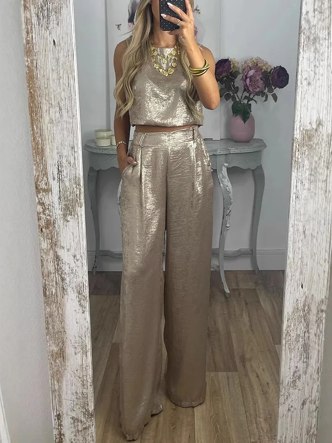 Elegant O-neck Vest Top & Long Pant Outfits 2025 Women Casual Sleeveless Pocket Loose Suit Office Fashion Commuter Solid 2Pc Set