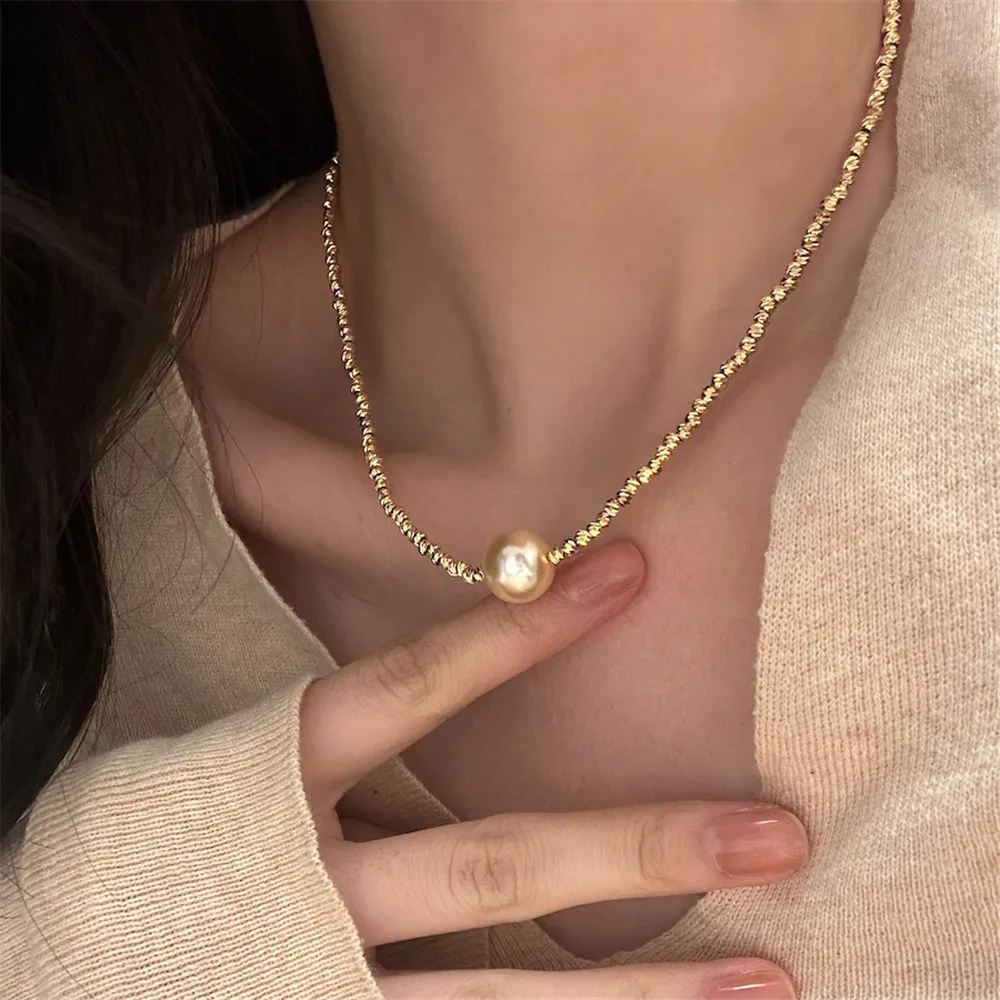 Shining Strong Light Golden Pearl Women Necklace Cut Flower Beads Temperament Jewelry Luxury Niche Design Female Sweater Chain