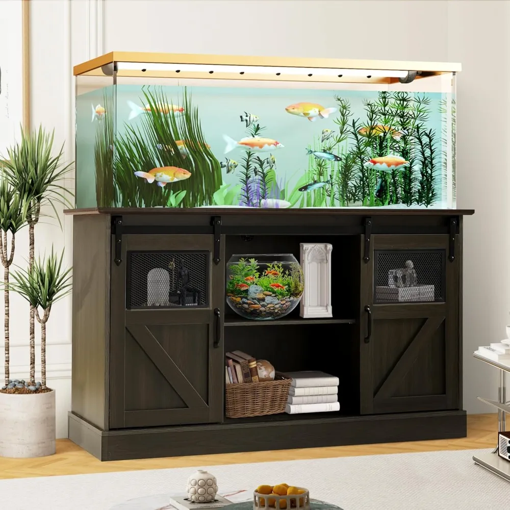 

55-75 Gallon Fish Tank Stand with Power Outlet, Heavy Duty Large Aquarium Stand with Sliding Barn Door and Cabinet Storage