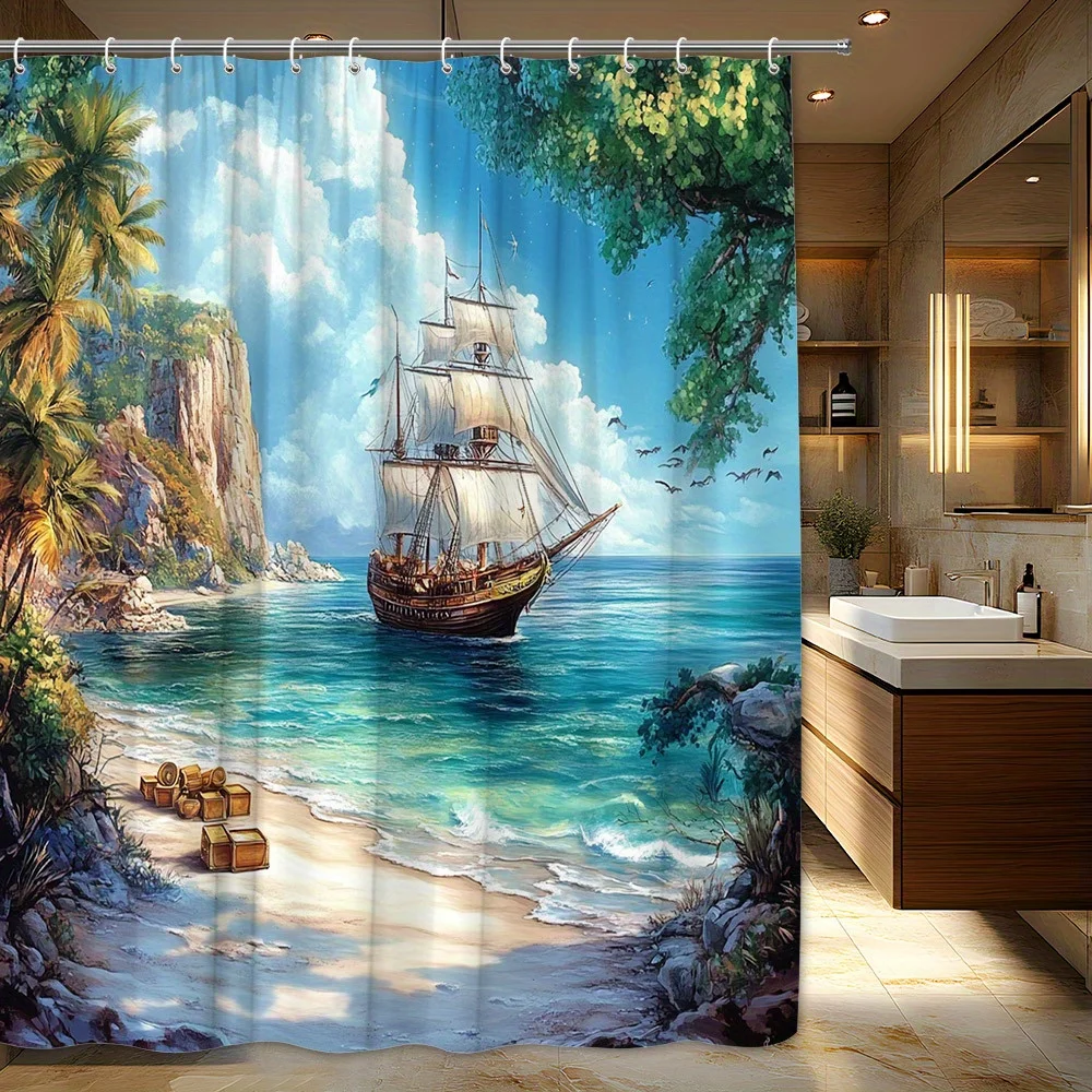 

Tropical Pirate Ship Palm Trees Sailboat Seagulls Shower Curtain Polyester Machine Washable with 12 Hooks for Bathroom Decor