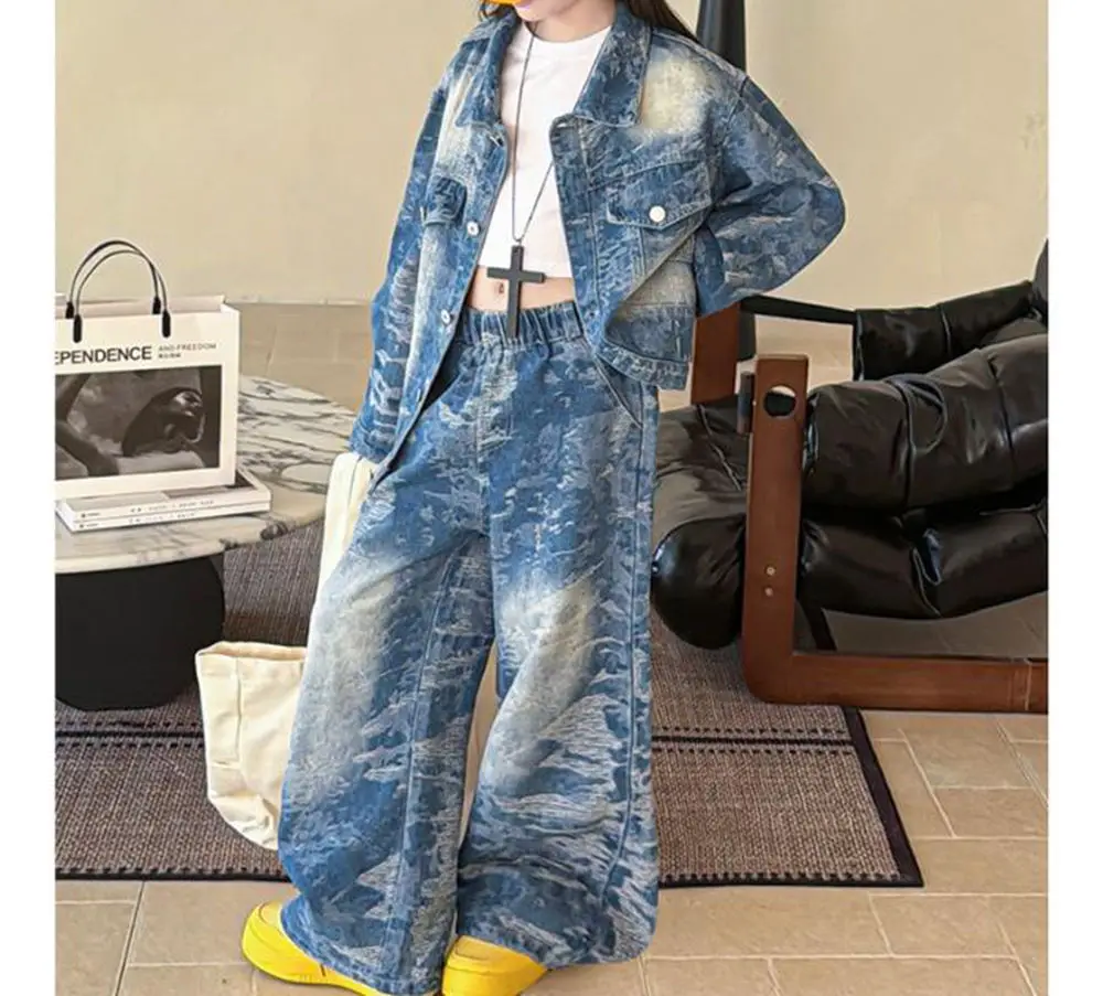 Spring/Autumn Retro Teen Girls Cowboy set Korean sanding denim jacket+wide-leg pants 2pcs junior kids clothes suit child outfits