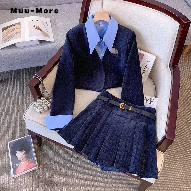 

2025 Autumn Vintage England Style 2 Piece Set Women Turn Down Collar Coat+Pleated Skirt Office Lady Two Piece Skirt Set Outfits