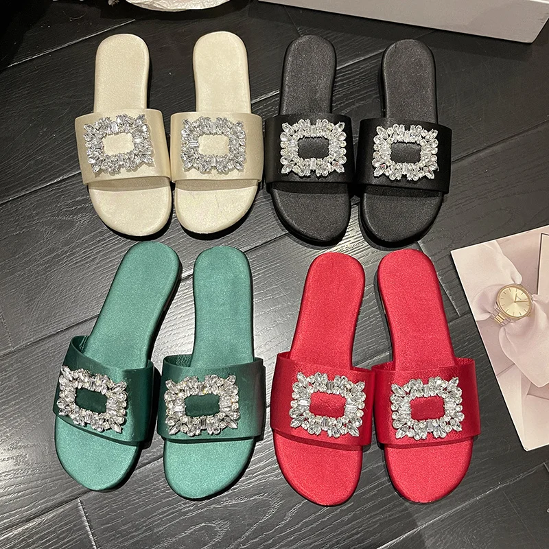 2024 New Summer Style Fashionable Comfortable Casual Square Buckle Flat Bottom Square Head Rhinestone Buckle Thick Heel Sandals