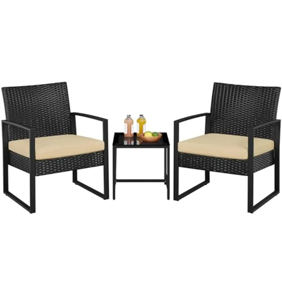 3 Pieces Rattan Bistro Set for Indoor/Outdoor Use, Wicker Chairs Tempered Glass Coffee Table, Modern Conversation Furniture for