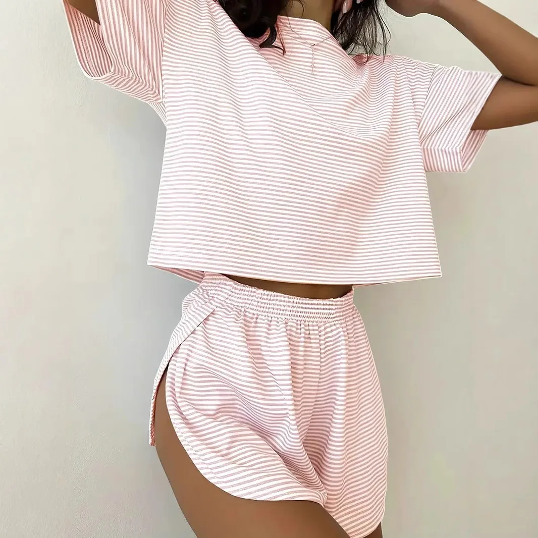 Summer Women's Striped Suit O-neck Short Version Top Elastic Waist Slit Simple Fashion Home Casual Shorts 2-piece Sets