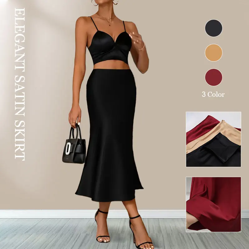 

Women Elegant Satin Black Trumpet Skirt Solid High Waist Slim Maxi Long Hip Skirt For Autumn Summer Satin Skort Beach Casual