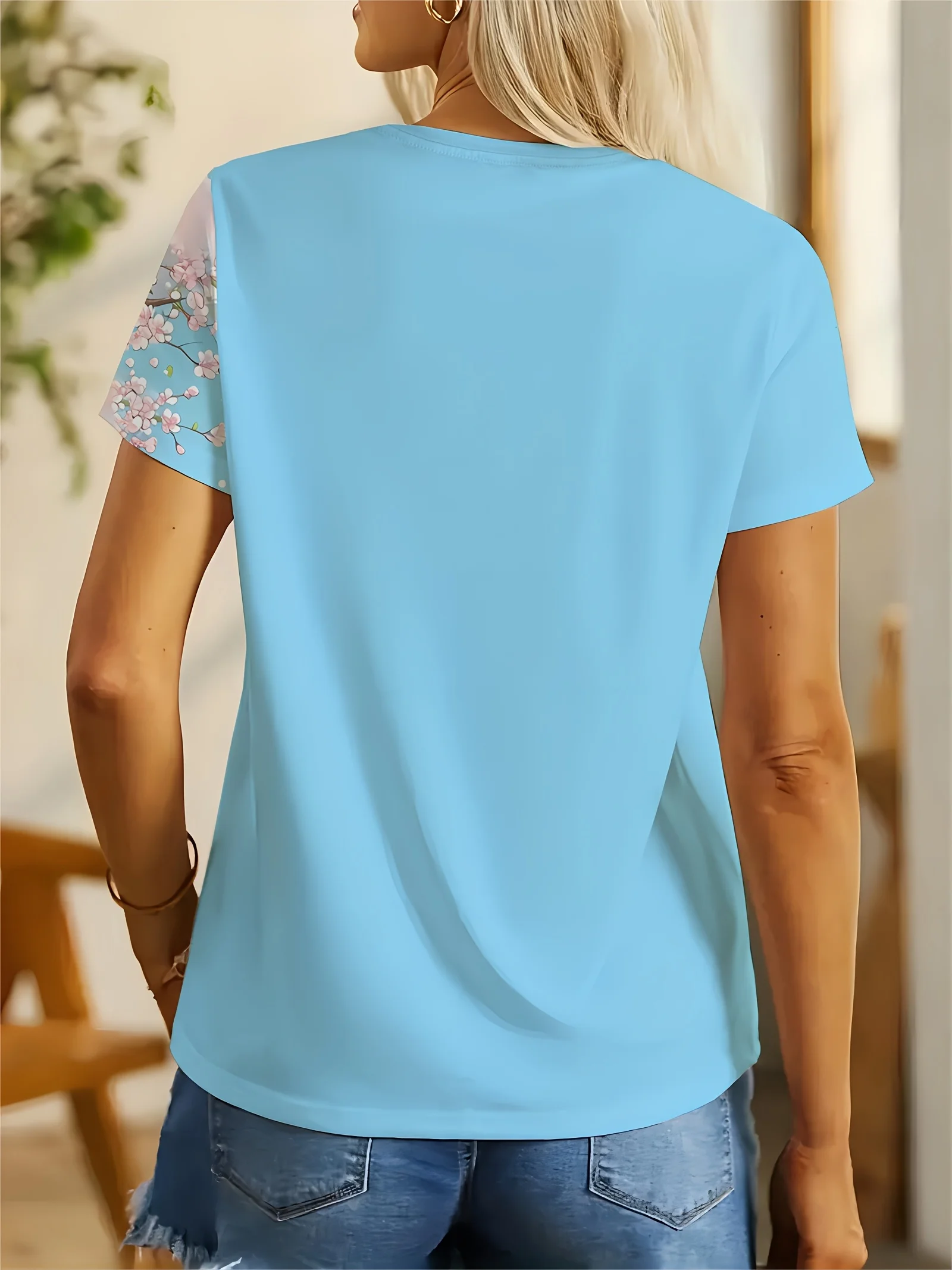 Sakura Spring Girl Women’s T‑Shirt, Lovely Cartoon Travel Girl With Backpack Graphic Short Sleeve Crew Neck Nature Casual Top