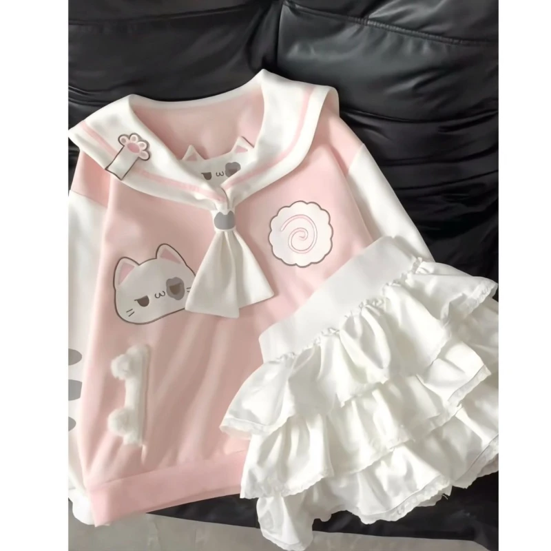 اليابانية Kawaii طويلة الأكمام هوديي الصلبة طوق القط لطيف طباعة الحلو أعلى ضئيلة المرقعة آذان القط ربيع الخريف 2025 وصول جديد #3