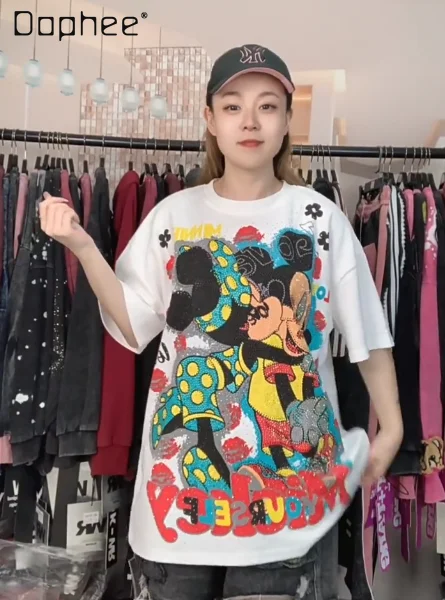 

Модная брендовая футболка с коротким рукавом, женская осенняя новая тяжелая футболка с бриллиантами, модная милая футболка большого размера с героями мультфильмов, свободные топы