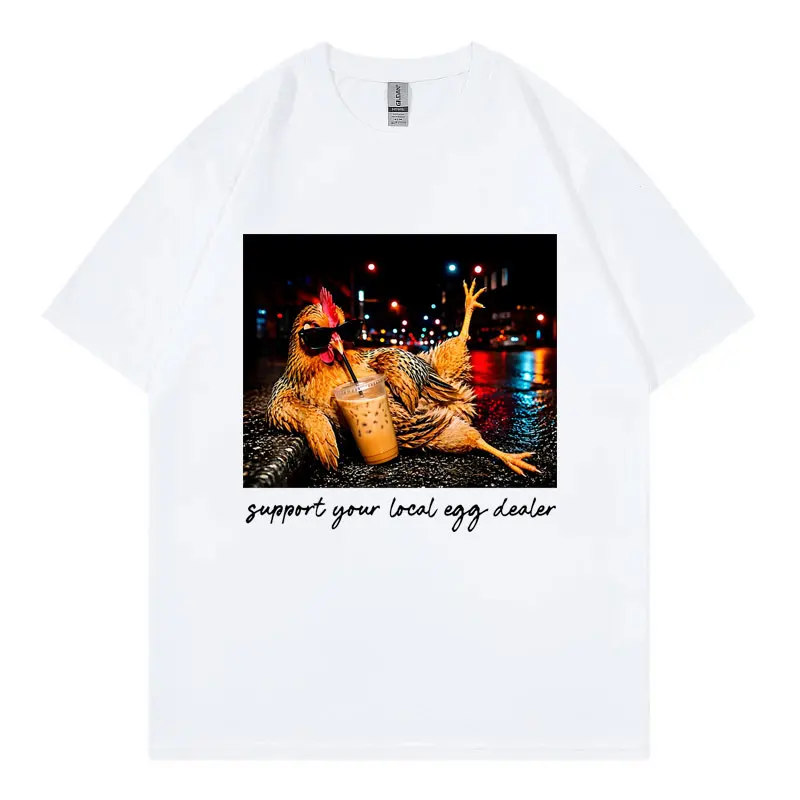 Chicken Drinking Iced Coffee Funny Graphic T Shirts Men Women Casual Fashion T-shirts Summer 100%cotton Loose T-shirt Streetwear