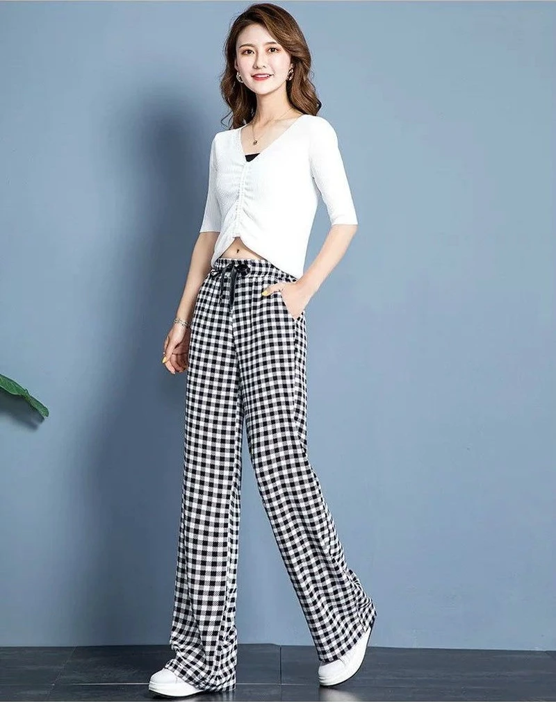 

Clothing Plaid Trousers for Women Drawstring Women's Pants Elastic Waist Wide Leg Autumn Chic and Elegant Summer Trends 2024 90s