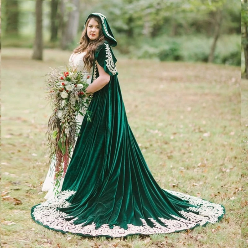 Dark green Velvet wedding coat Hooded lace appliques Bridal Cloak Wrap wedding cape Halloween Medieval Cloak shawl custom size