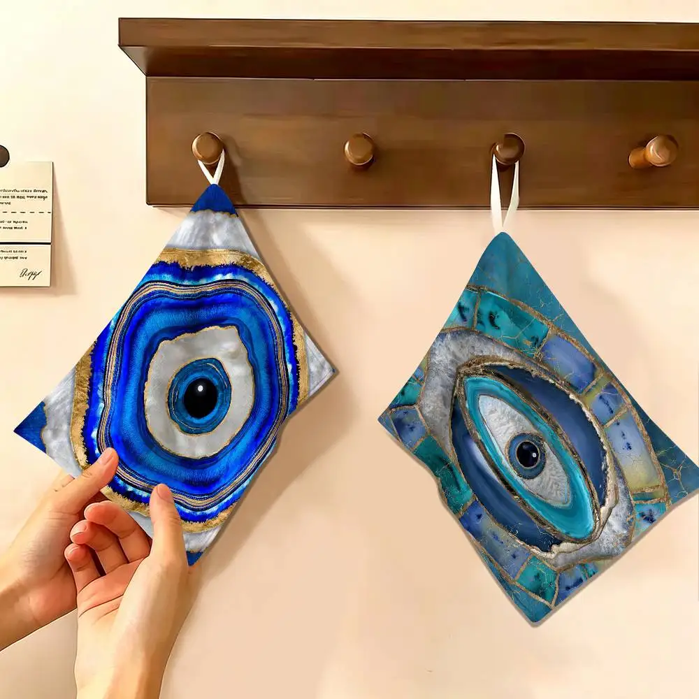 Turkey Blue Heart Evil Eye Polyester Cotton Hanging Kitchen Towel, Absorbent Hand Wiping Cloth for Daily Cleaning Drying