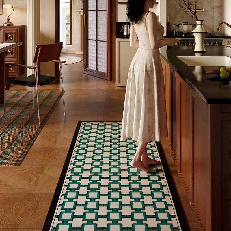 

Retro Plaid Kitchen Rug Waterproof Stain-resistant Easy To Clean PVC Leather Carpet Non-slip Thickened Soft Balcony Mat Alfombra