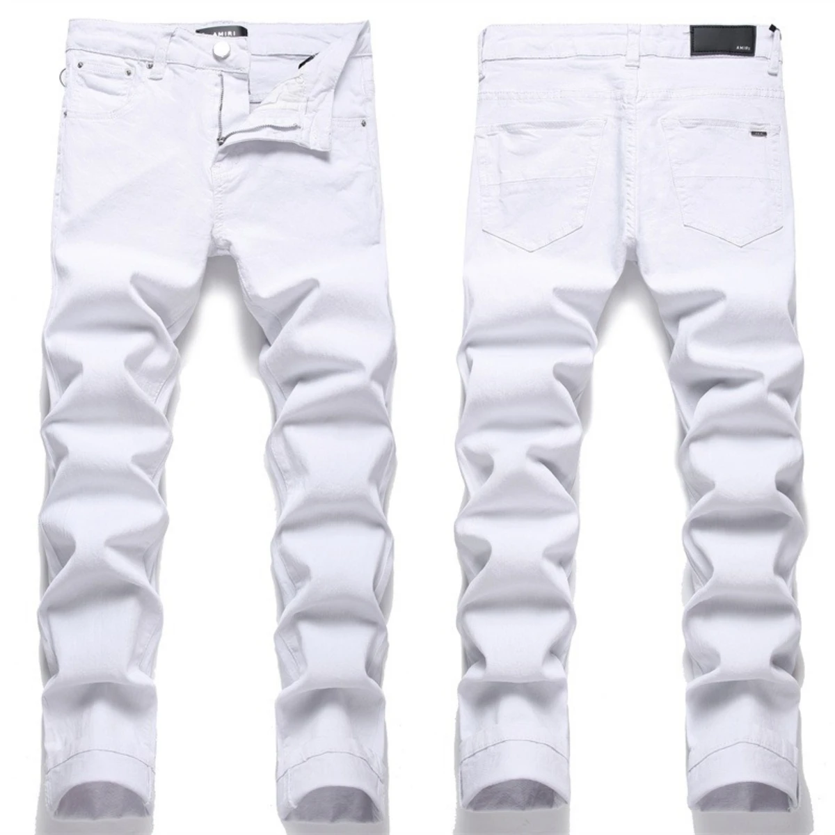 EH·MD® Pure White Scraped Jeans Men's Four Seasons Cotton Comfortable Leather Auction Trend Multi Pocket Motorcycle Simple New 2