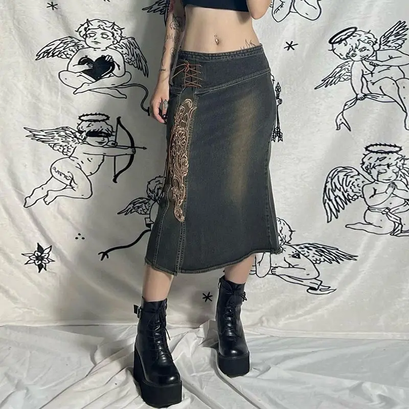 Rok Denim renda kasual wanita, Rok Midi Streetwear pinggang rendah bordir berenda Vintage musim semi dan musim panas 202