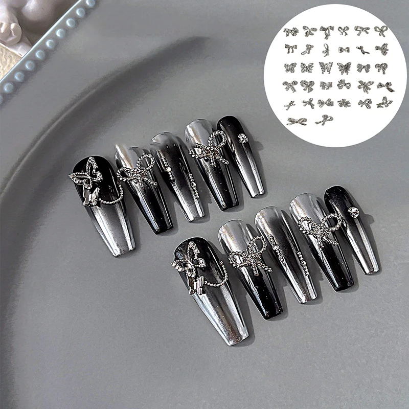 10PCS Simple Thin Bowknot Bow Tie Silver Twisted Alloy Nail Art Rhinestones Decorations Manicure Charms