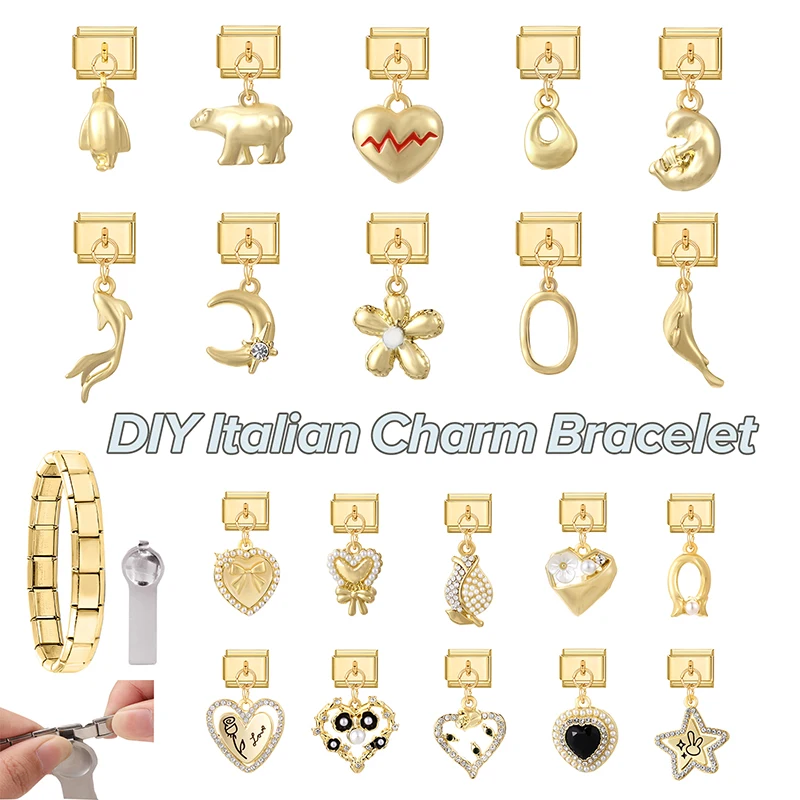 

Shiny Zircon Heart Flower Dolphin Bow Knot Pendant Italian Charm Links Fit 9mm Stainless Steel Bracelet Women DIY Making Jewelry