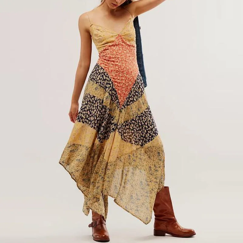 Sexy decote em v sem mangas magro bohe vestido de férias vintage sem costas plissado impressão vestido longo elegante irregular vestido de festa feminino