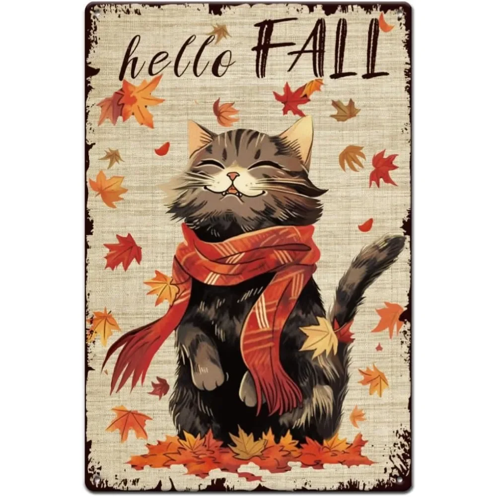 Carteles de hojalata de gato con bufanda, cartel de hojalata de Metal de Hello Fall, hojas de arce del final de otoño