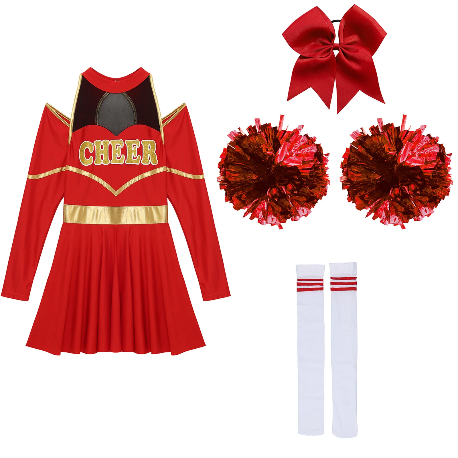 Cheerleader Outfit Cheering Uniform Women Girls Long Sleeve Dress with Pom Poms Stocks Schoolgirls Cheer Leader Dance Costumes