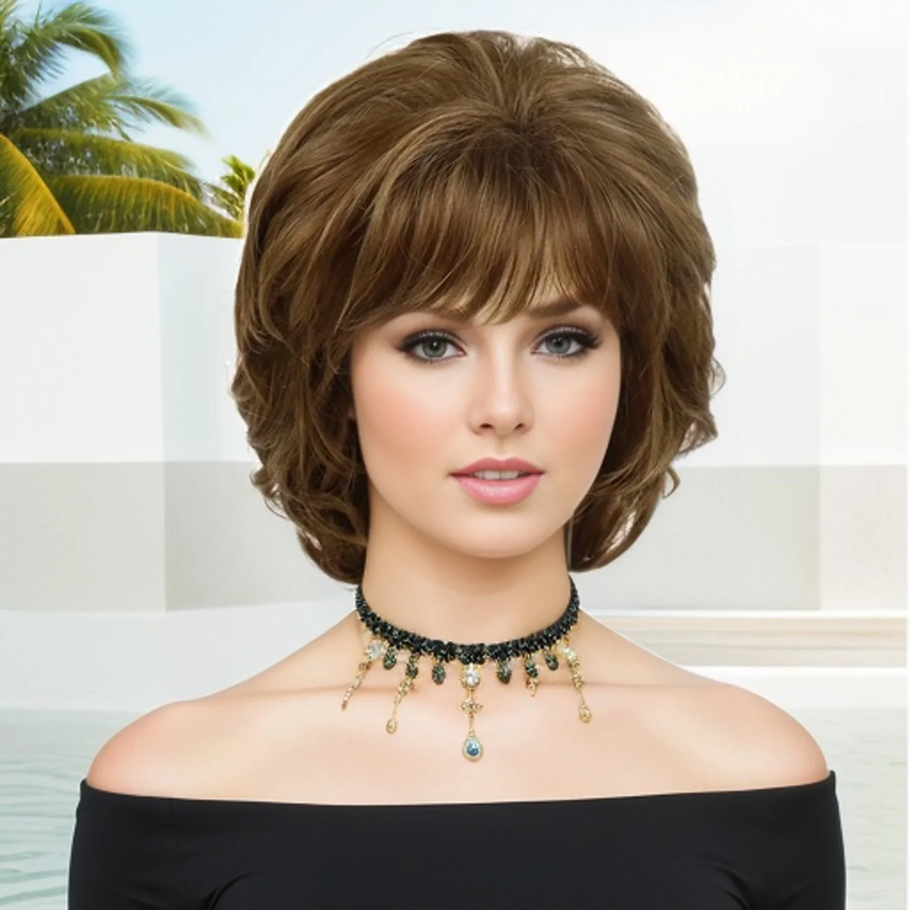 Synthetic Women's Short Pixie Cut Wig Mix Brown Hair Natural Ladies Wig with Bangs Daily Stylish Mommy Wig Cosplay Halloween