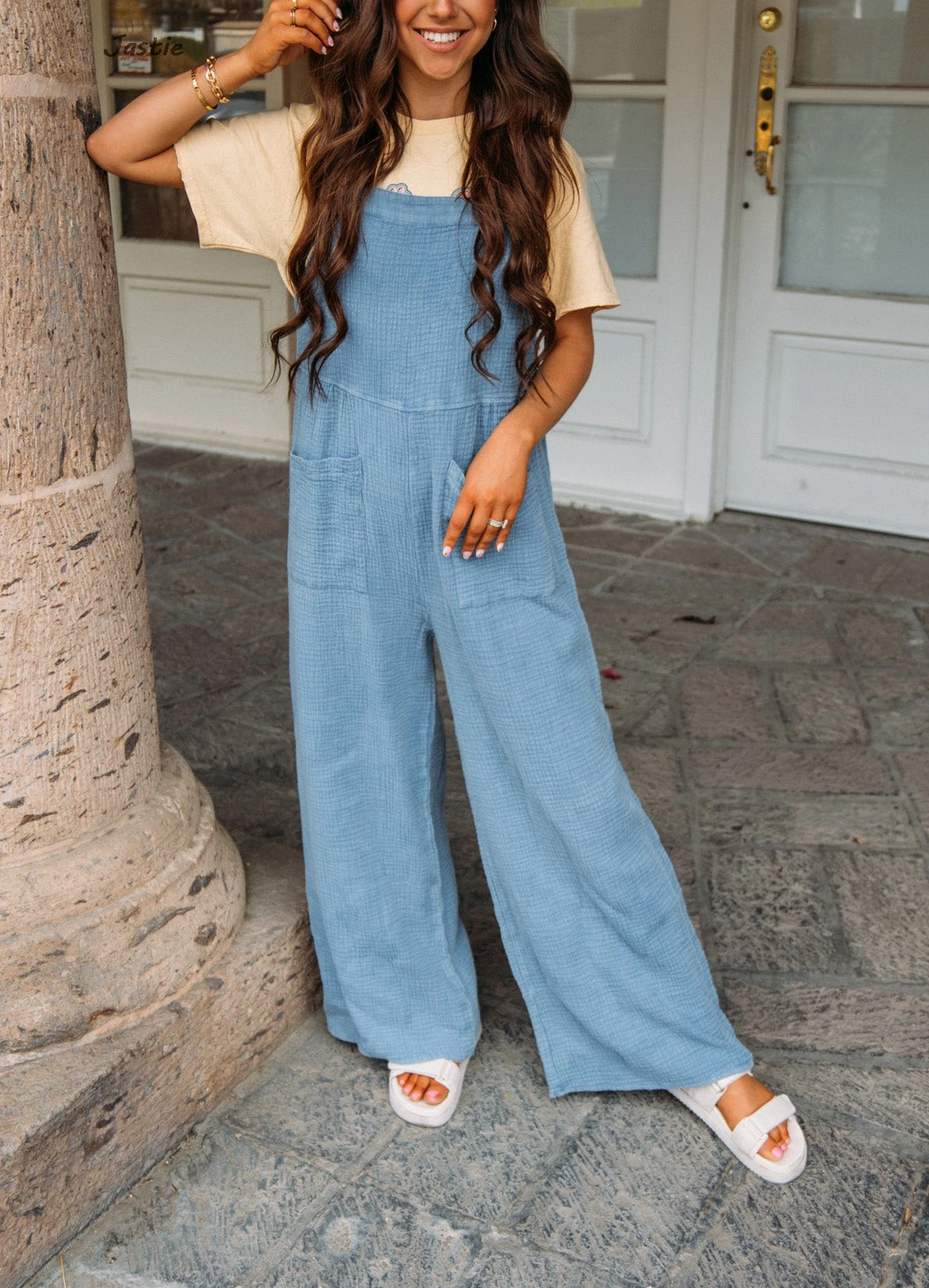 

2024 Women's Spring Summer Casual Loose Jumpsuit Cotton Wrinkled Double Patch Wide Leg Pant Vacation Suspenders Trouser