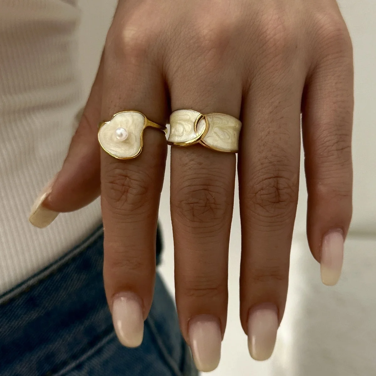Edelstahl-Rechteck-Naturstein-Emaille-Fingerringe für Damen und Herren, königlicher Vintage-geometrischer Imitationsperlenring, Schmuck – Detail 12