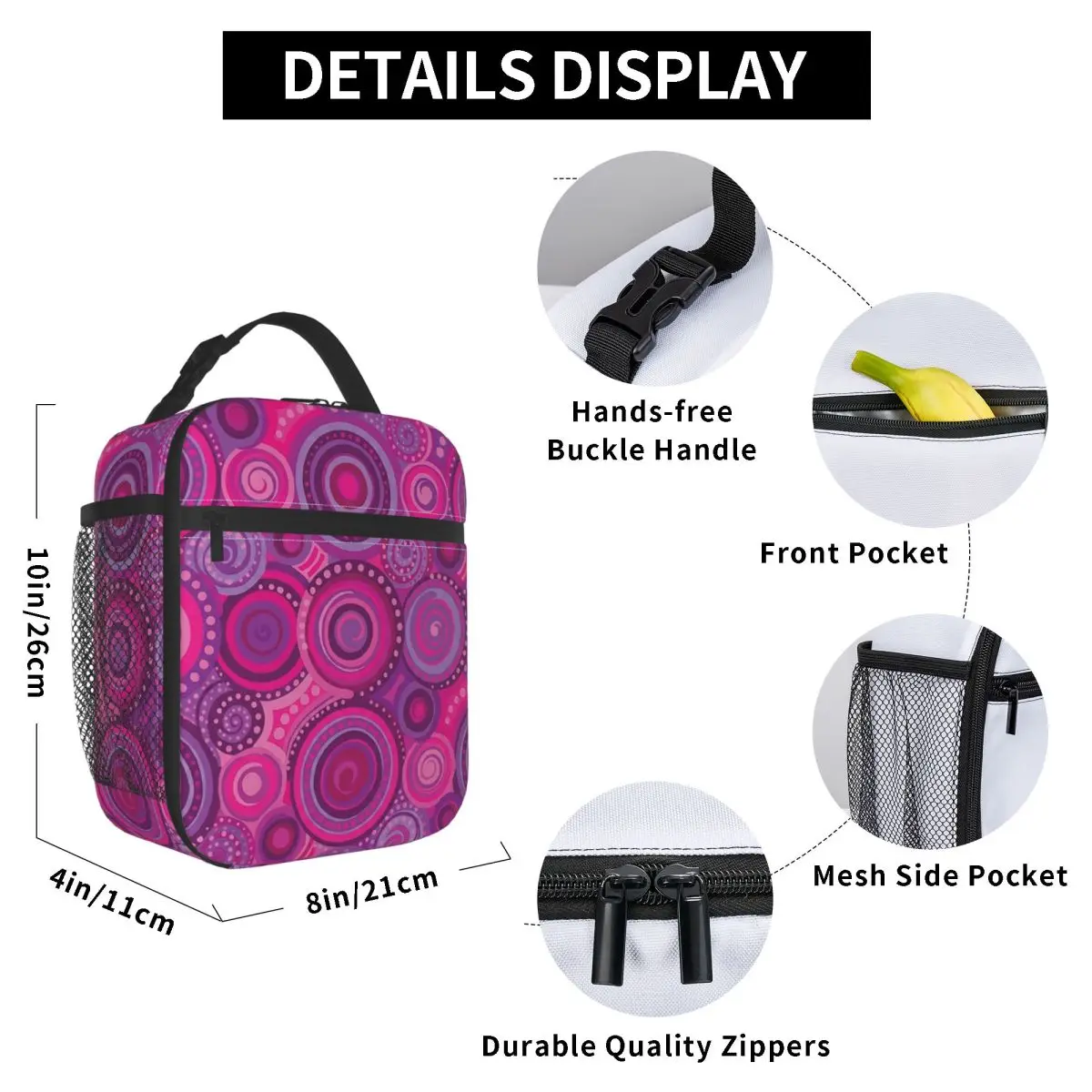Magenta And Violet Concentric Swirl Insulated Lunch Bag Women Office Cooler Thermal Food Box Tote Portable Lunch Boxes Container