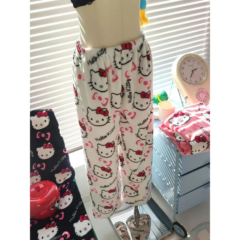 Cute Hello Kitty Red Bow Print Flannel Sleep Pants Set Women Y2K Oversized Soft Coral Fleece Multi Color Cartoon Graphic