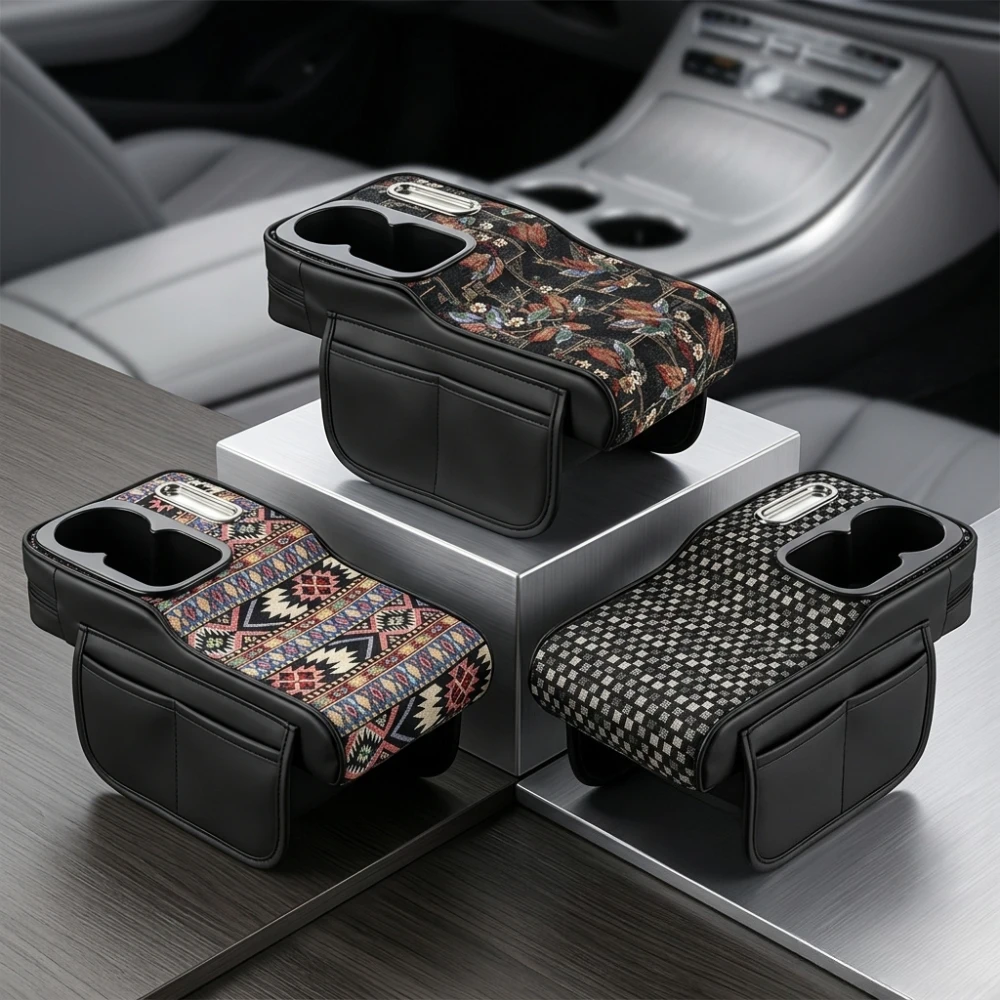 High-Low Style Car Armrest Cushion with Dual Side Pockets, Dual Cup Holders & Tissue Box, Universal for Most Cars SUVs