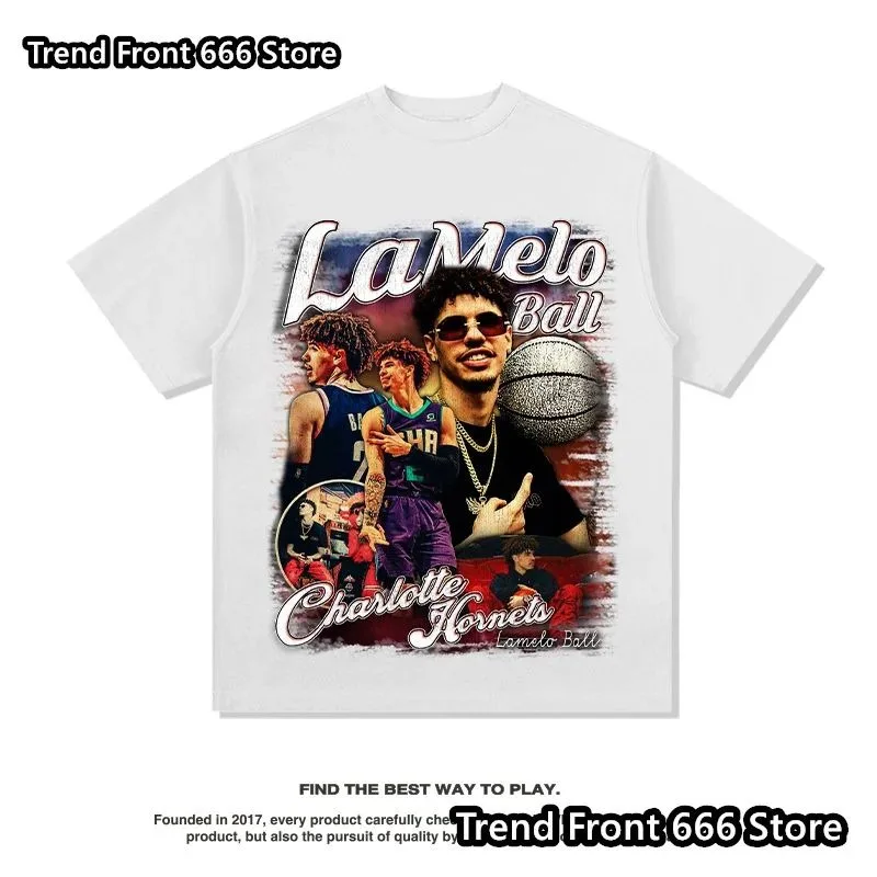 New arrives Summer Mens LaMelo Three ball Bauer Print Cotton T shirts Trend Vintage Tees Men\'s Short Sleeve Streetwear Tops