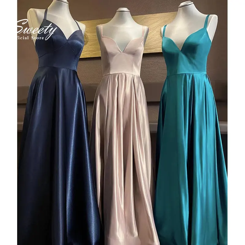 Elegant Evening Dress A-line Floor Length Backless Silky Organza Off Pinkp Rom Dresses V-neck Sexy Spahrtti Strap Robe De Mariee