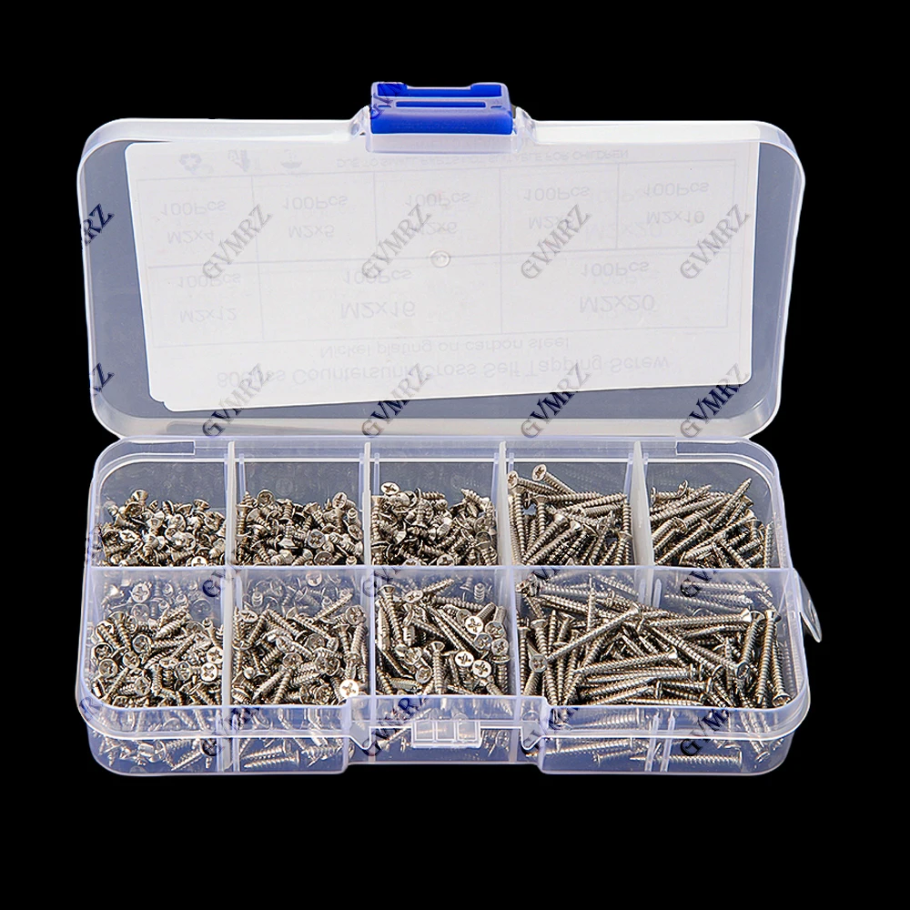 8 Sizes M2x4 M2x5 M2x6 M2x16 800PCS M2 Countersunk Phillips Self‑Tapping Screws Assortment Kit Nickel‑Plated Carbon Steel M2x8 