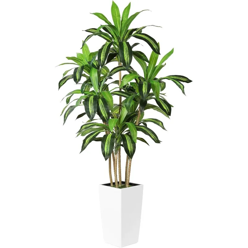 

Artificial Dracaena Tree - Faux Plant Fake Tropical Yucca Tree Indoor with White Tall Planter - Fake Floor Plant in Pot
