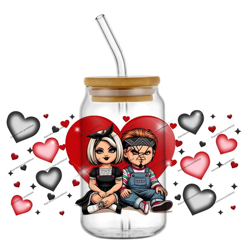 Chicano Couple UV DTF Wraps Cute Chibi & Rose Stickers for 16oz Glass Cans Waterproof DIY Decals