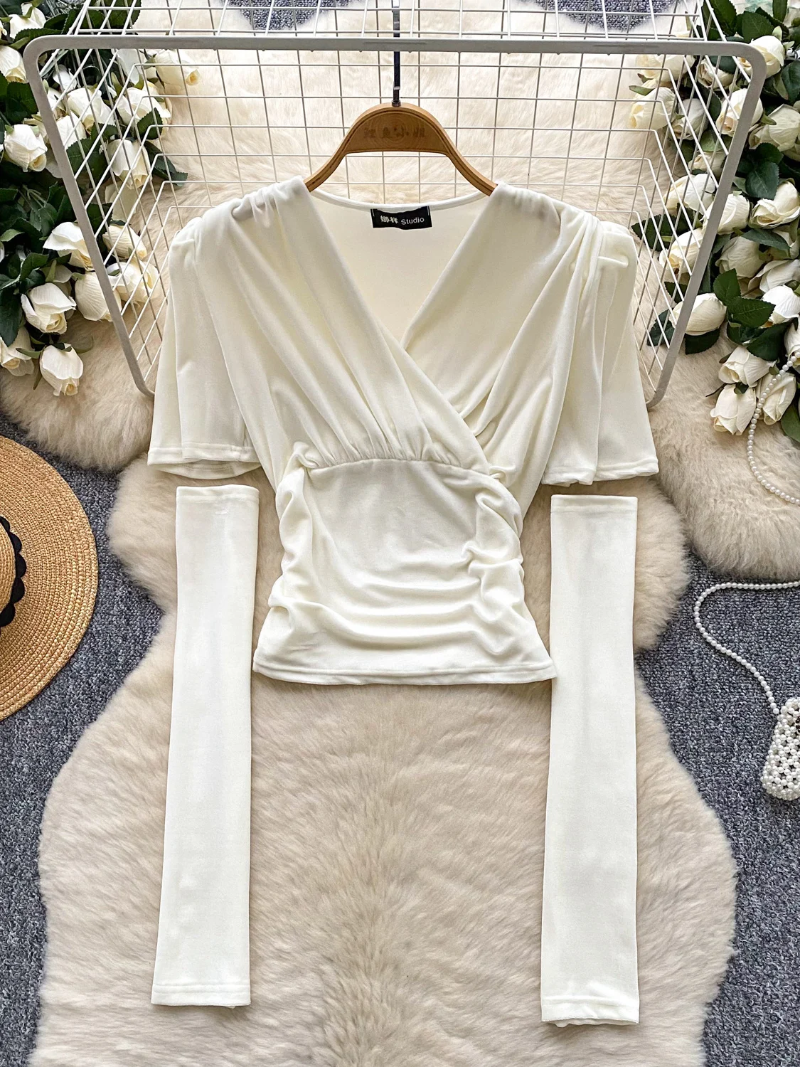 

Velvet ort Sve irt Women's Cross Collar Design Light Mature Lady Personali Top Trendy Commute Sle Loose Fit Korean...