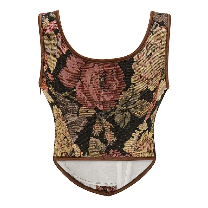 Vintage Gothic Women Corsets Lace Up Zip Floral Prints Corset Tank Top Sexy Waist Trainer Body Shaper Shapewear Slimming Vest