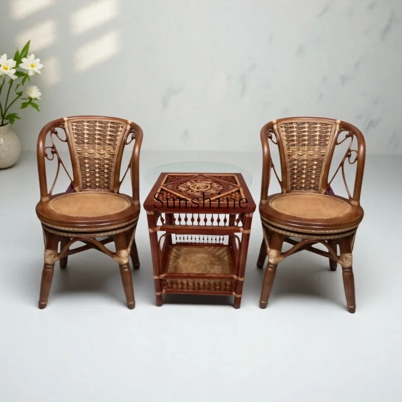 

Natural rattan chair combination balcony rotating bamboo rattan chair backrest rattan stool