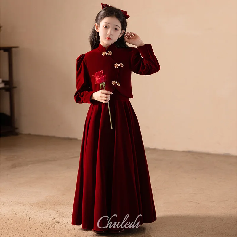 Flower Girls Dresses Velvet Burgundy Floral Shawl Jacket Long Sleeve Bridesmaid Dresses