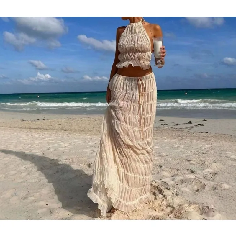 女性用ボヘミアンセクシーバックレスマッチングスーツ2ピースビーチホリデーコーデヴィンテージ風ギャザーホルターキャミトップス+マキシロングスカートパーティー